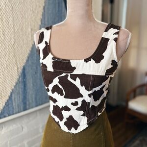 Cow Print Scoop Neck Crop Tank Top in White and Brown